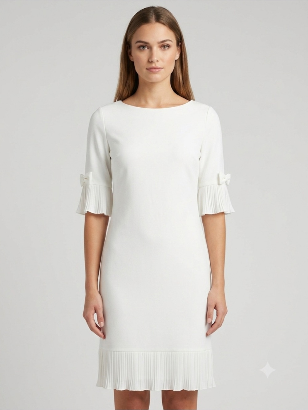 Glamour White Pleated-Hem Midi Dress with Bow Sleeve